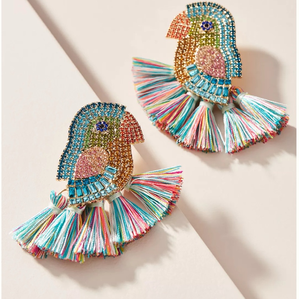 Anthropologie Multicolor Beaded Parrot Tassel Earrings